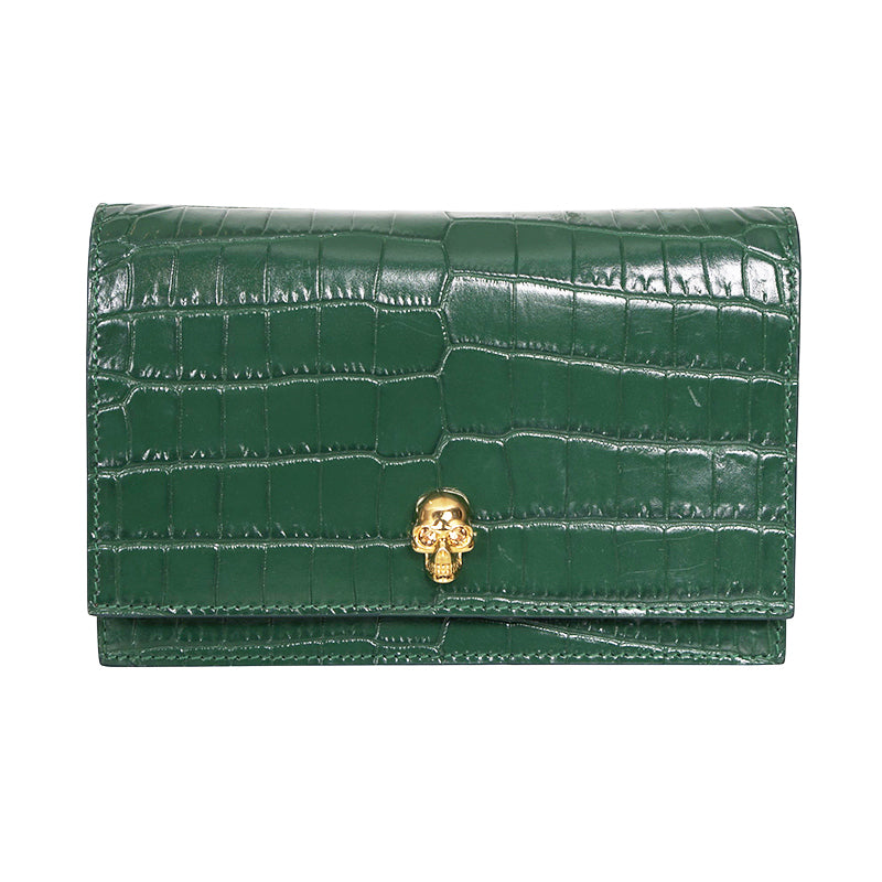 NEW $990 ALEXANDER MCQUEEN Emerald Green CROC EMBOSSED Leather SKULL Chain BAG