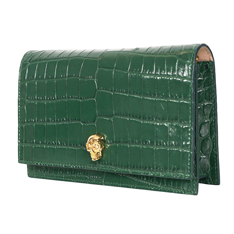 NEW $990 ALEXANDER MCQUEEN Emerald Green CROC EMBOSSED Leather SKULL Chain BAG