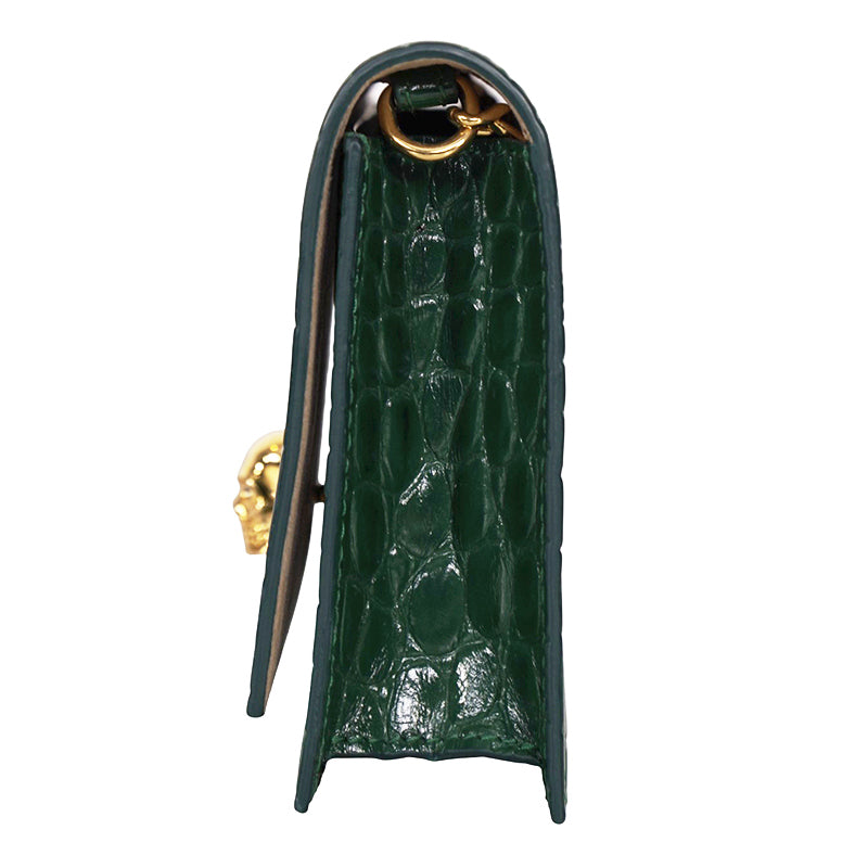 NEW $990 ALEXANDER MCQUEEN Emerald Green CROC EMBOSSED Leather SKULL Chain BAG