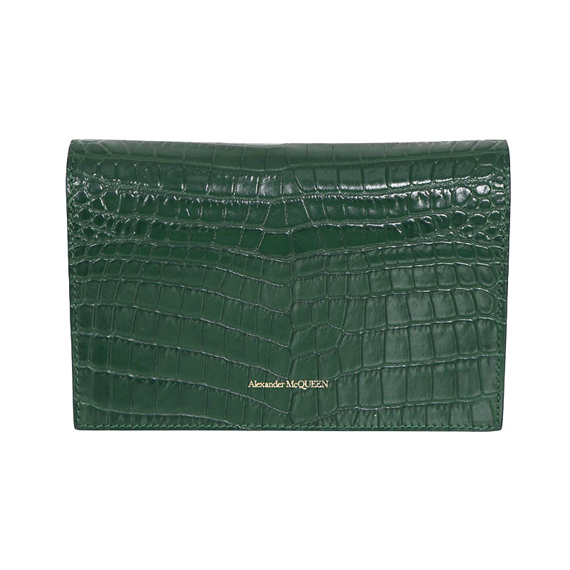 NEW $990 ALEXANDER MCQUEEN Emerald Green CROC EMBOSSED Leather SKULL Chain BAG