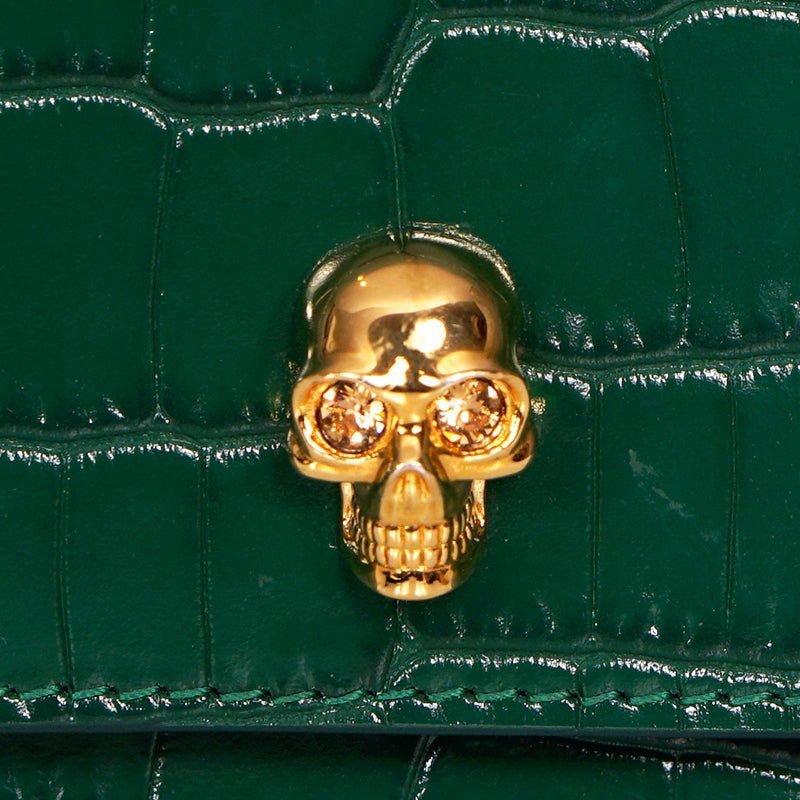 NEW $990 ALEXANDER MCQUEEN Emerald Green CROC EMBOSSED Leather SKULL Chain BAG