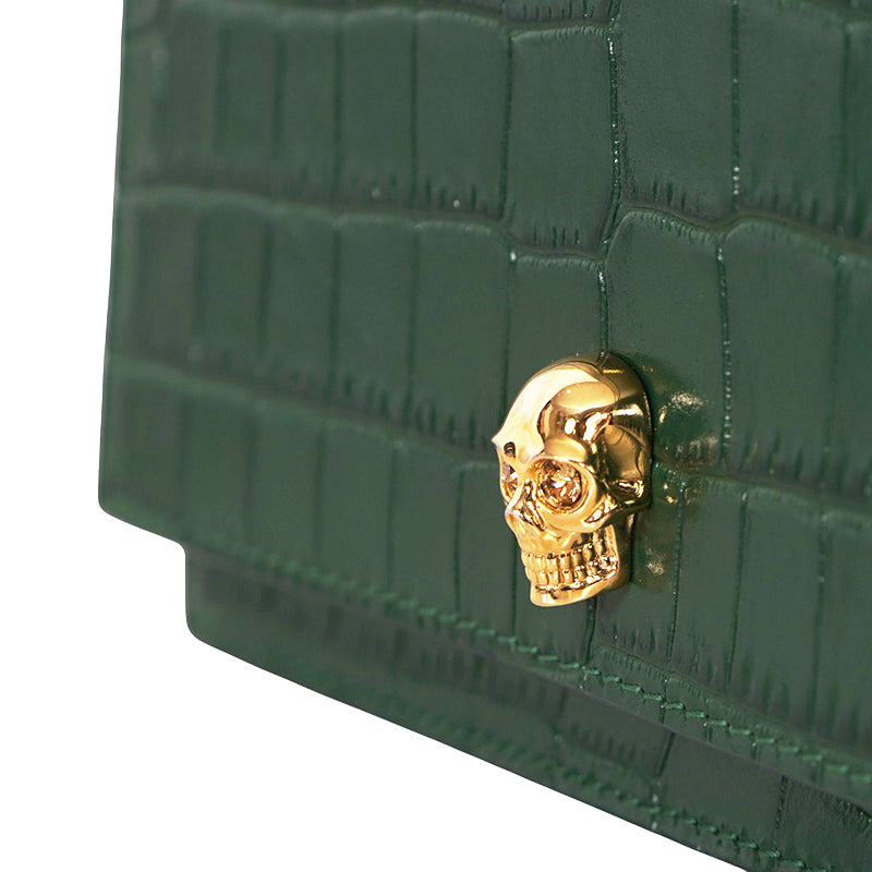 NEW $990 ALEXANDER MCQUEEN Emerald Green CROC EMBOSSED Leather SKULL Chain BAG