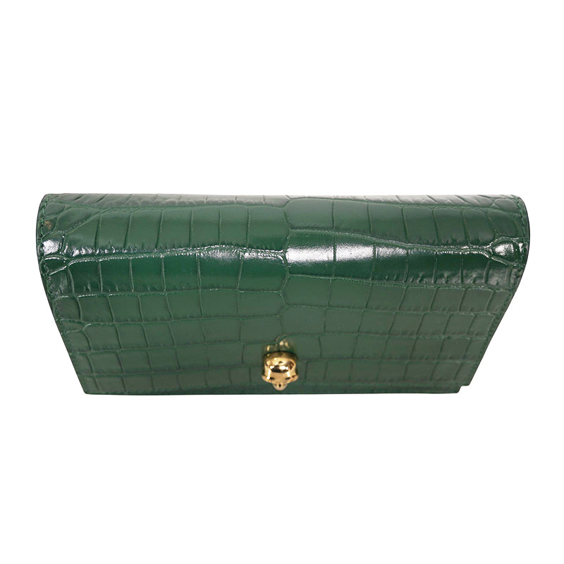 NEW $990 ALEXANDER MCQUEEN Emerald Green CROC EMBOSSED Leather SKULL Chain BAG