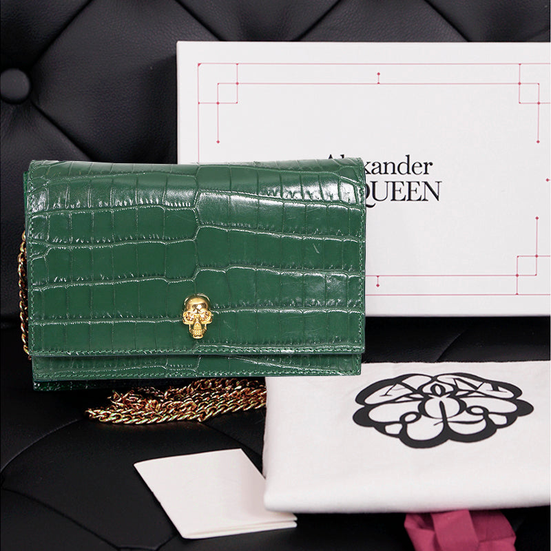 NEW $990 ALEXANDER MCQUEEN Emerald Green CROC EMBOSSED Leather SKULL Chain BAG