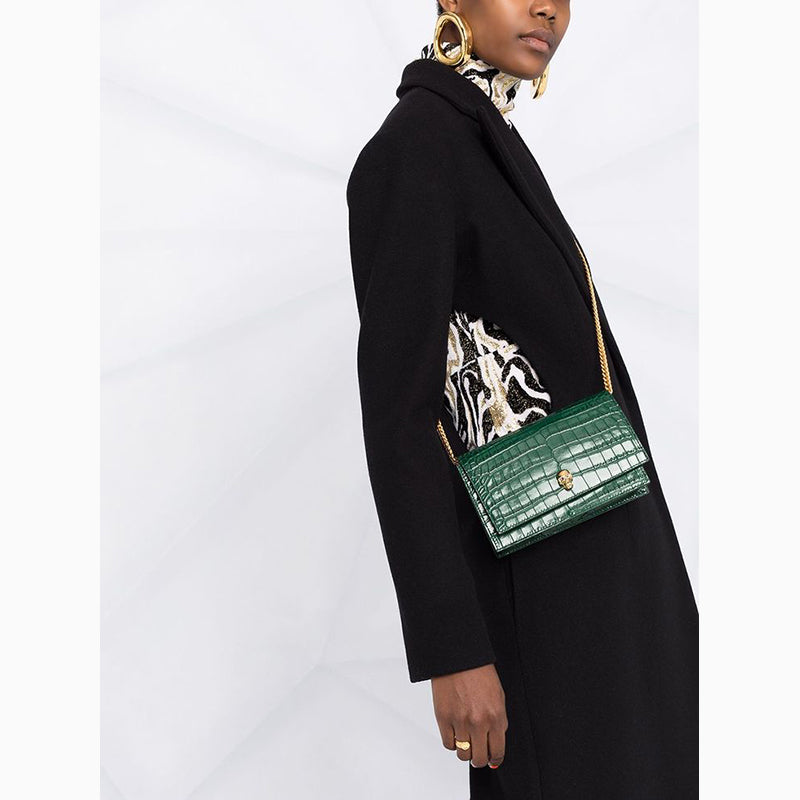 NEW $990 ALEXANDER MCQUEEN Emerald Green CROC EMBOSSED Leather SKULL Chain BAG