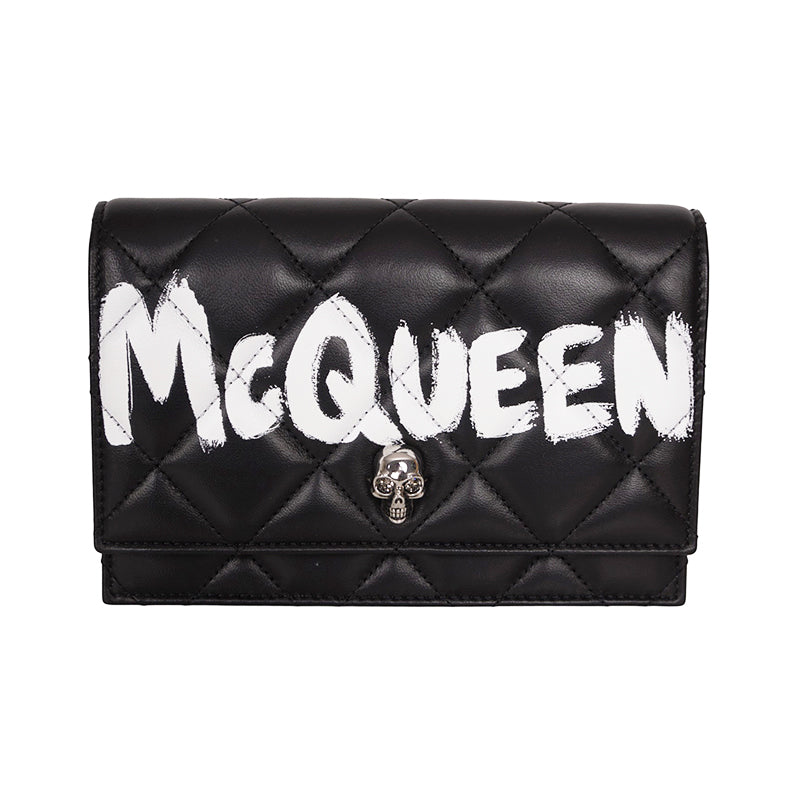NEW $1290 ALEXANDER MCQUEEN Black GRAFFITI Quilted Leather SKULL Crossbody BAG