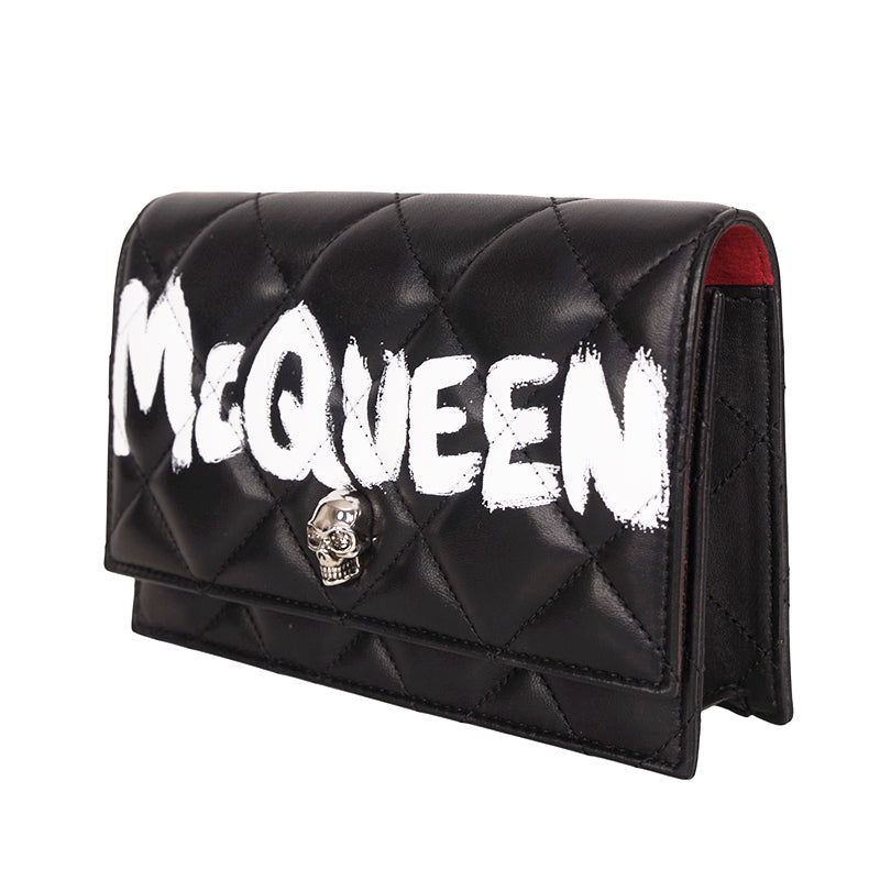NEW $1290 ALEXANDER MCQUEEN Black GRAFFITI Quilted Leather SKULL Crossbody BAG