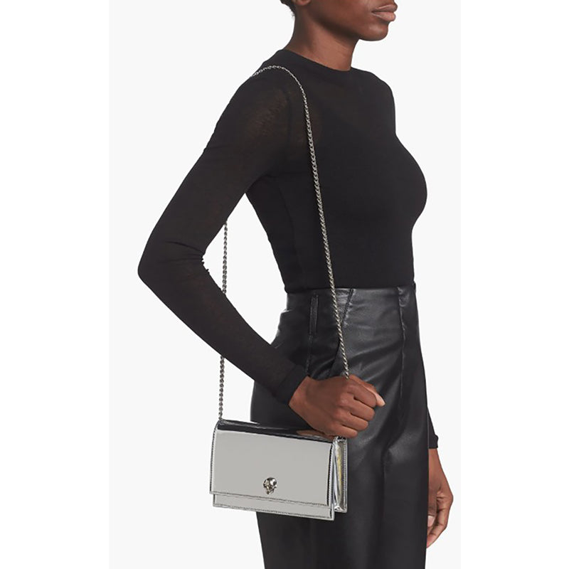 NEW $990 ALEXANDER MCQUEEN Glazed SHINY SILVER Leather MINI SKULL Chain BAG NIB
