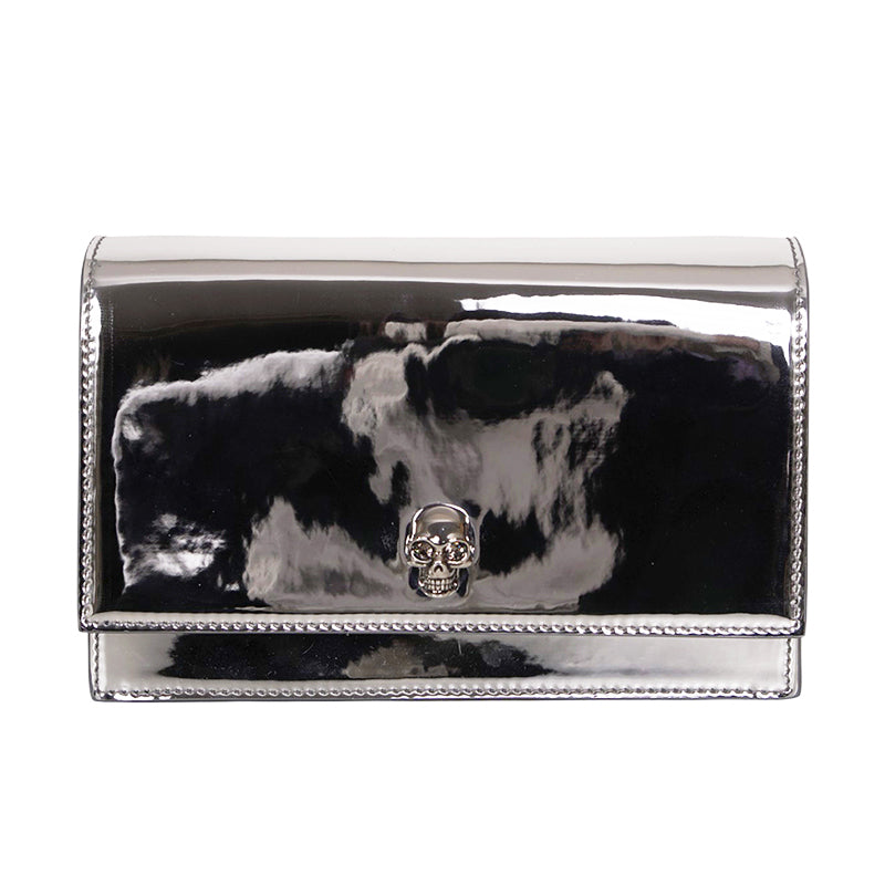 NEW $990 ALEXANDER MCQUEEN Glazed SHINY SILVER Leather MINI SKULL Chain BAG NIB