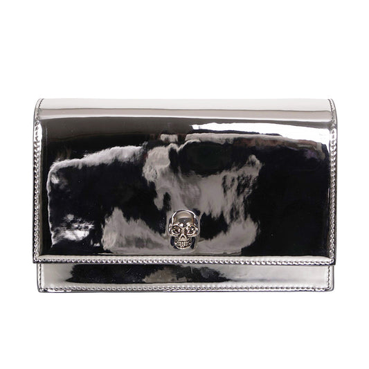 NEW $990 ALEXANDER MCQUEEN Glazed SHINY SILVER Leather MINI SKULL Chain BAG NIB