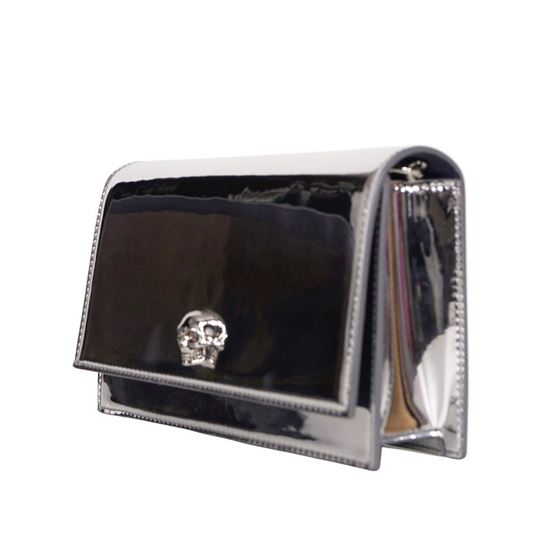 NEW $990 ALEXANDER MCQUEEN Glazed SHINY SILVER Leather MINI SKULL Chain BAG NIB