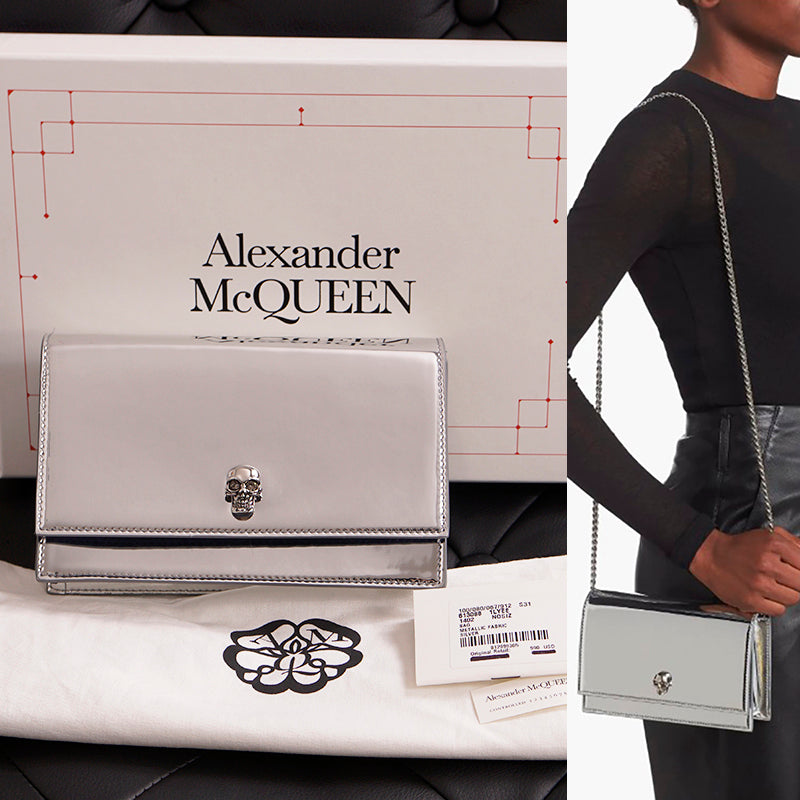 NEW $990 ALEXANDER MCQUEEN Glazed SHINY SILVER Leather MINI SKULL Chain BAG NIB