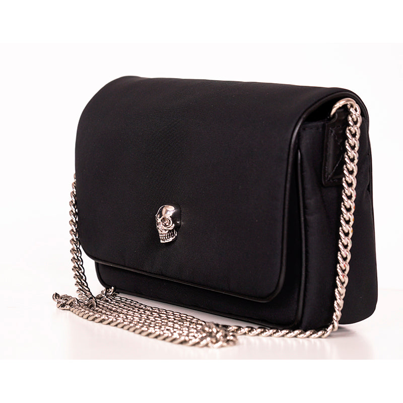 NEW $890 ALEXANDER MCQUEEN Black Nylon CRYSTAL SKULL Camera Flap BAG RED LINING!
