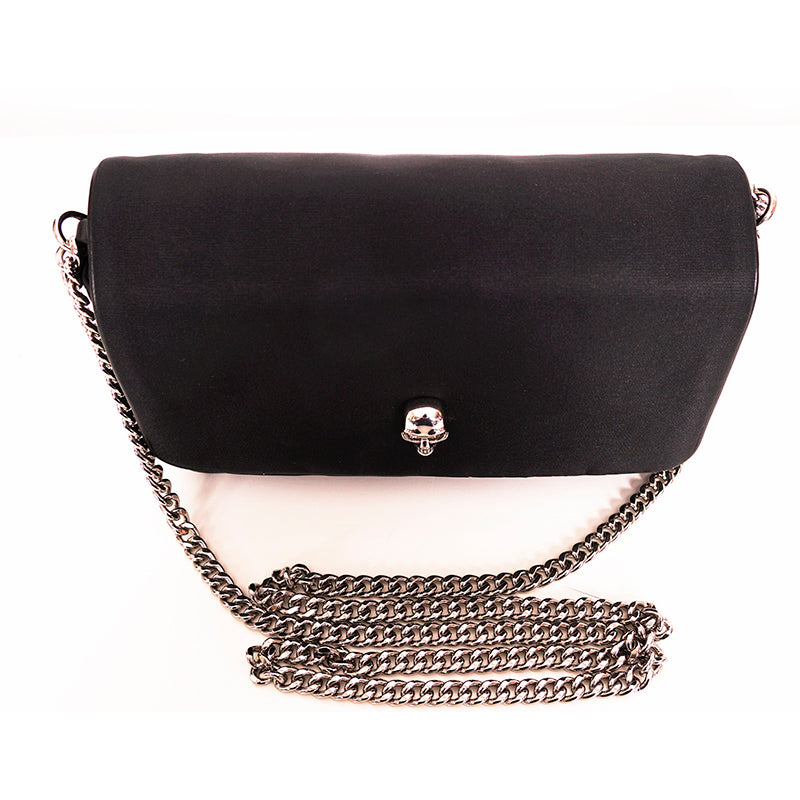 NEW $890 ALEXANDER MCQUEEN Black Nylon CRYSTAL SKULL Camera Flap BAG RED LINING!