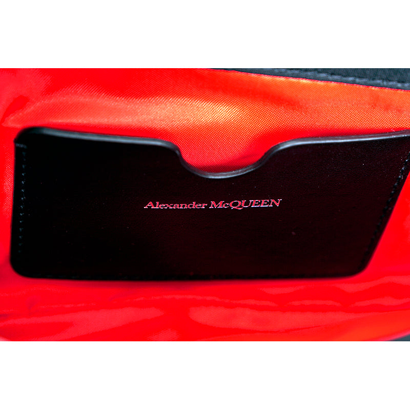 NEW $890 ALEXANDER MCQUEEN Black Nylon CRYSTAL SKULL Camera Flap BAG RED LINING!