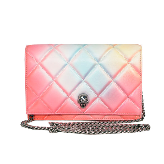 NEW $1,290 ALEXANDER MCQUEEN Pink Degraded OMBRE Leather QUILTED Skull FLAP BAG