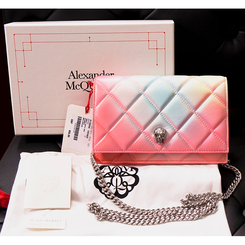 NEW $1,290 ALEXANDER MCQUEEN Pink Degraded OMBRE Leather QUILTED Skull FLAP BAG