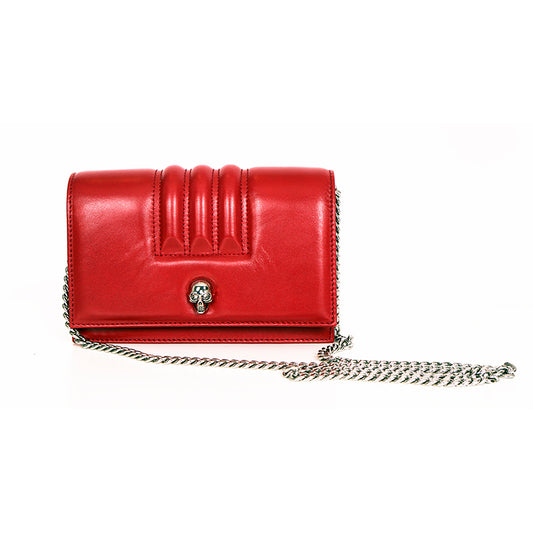 NEW $1290 ALEXANDER MCQUEEN Red Leather MOTORCYCLE RIBBED SKULL Crossbody BAG
