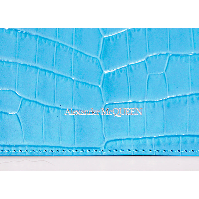 NEW $990 ALEXANDER MCQUEEN Cerulean CROC EMBOSSED Leather SKULL Crossbody BAG