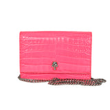 NEW $990 ALEXANDER MCQUEEN Neon Pink CROC EMBOSSED Leather SKULL Crossbody BAG