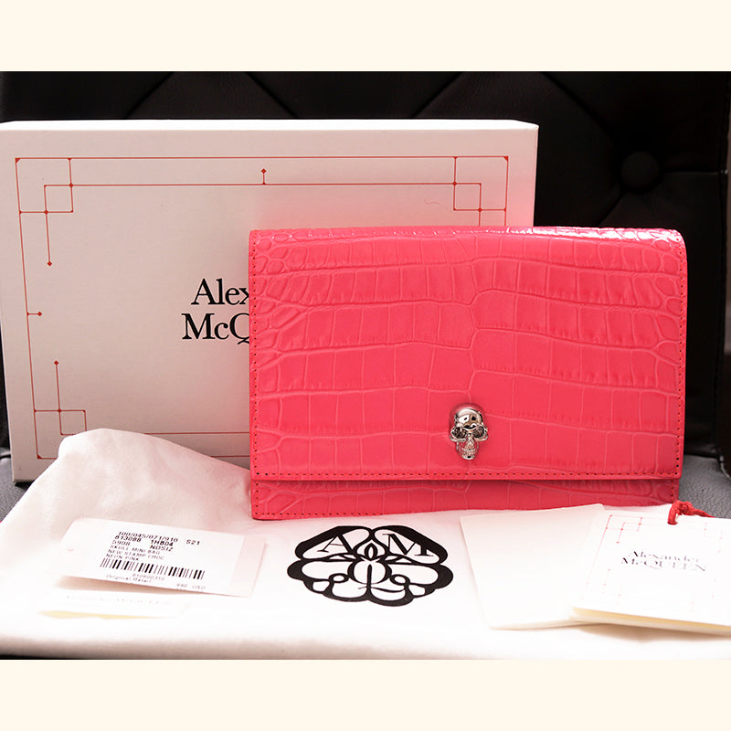 NEW $990 ALEXANDER MCQUEEN Neon Pink CROC EMBOSSED Leather SKULL Crossbody BAG