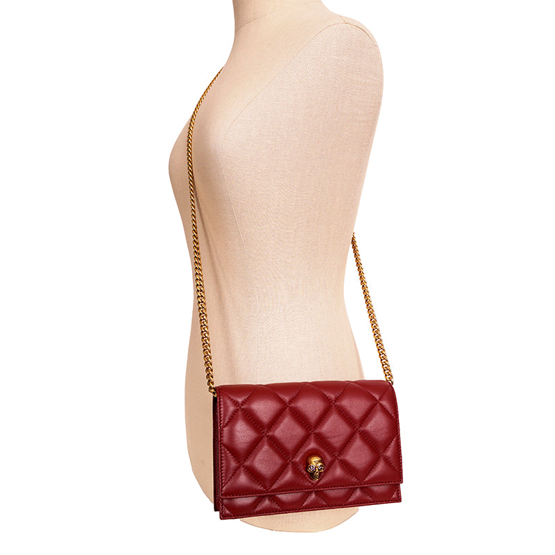 NEW $1,290 ALEXANDER MCQUEEN Red Oxblood Leather QUILTED Skull Small FLAP BAG