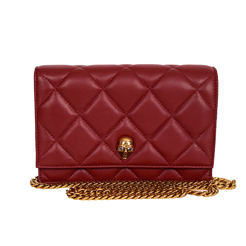 NEW $1,290 ALEXANDER MCQUEEN Red Oxblood Leather QUILTED Skull Small FLAP BAG