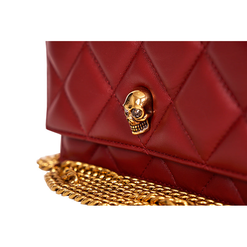 NEW $1,290 ALEXANDER MCQUEEN Red Oxblood Leather QUILTED Skull Small FLAP BAG