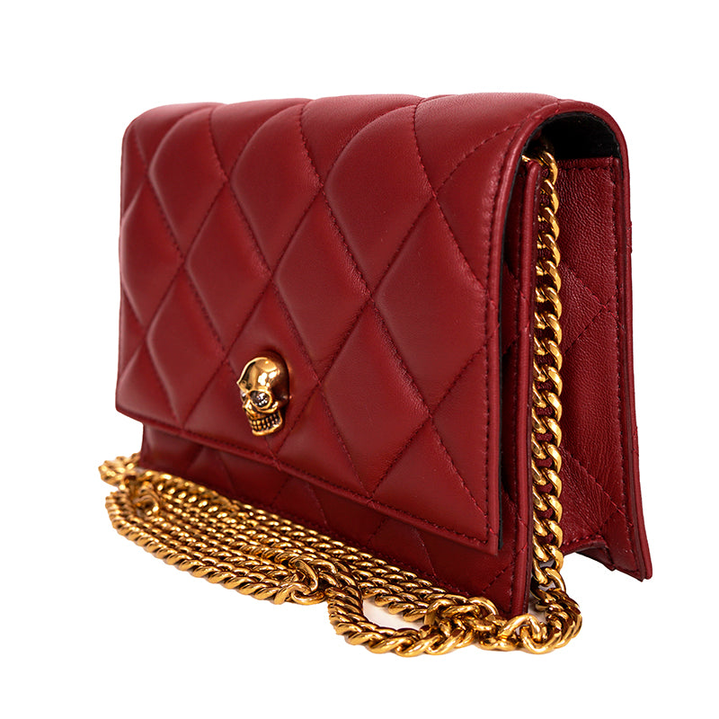 NEW $1,290 ALEXANDER MCQUEEN Red Oxblood Leather QUILTED Skull Small FLAP BAG