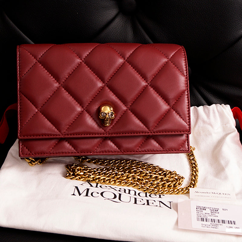 NEW $1,290 ALEXANDER MCQUEEN Red Oxblood Leather QUILTED Skull Small FLAP BAG