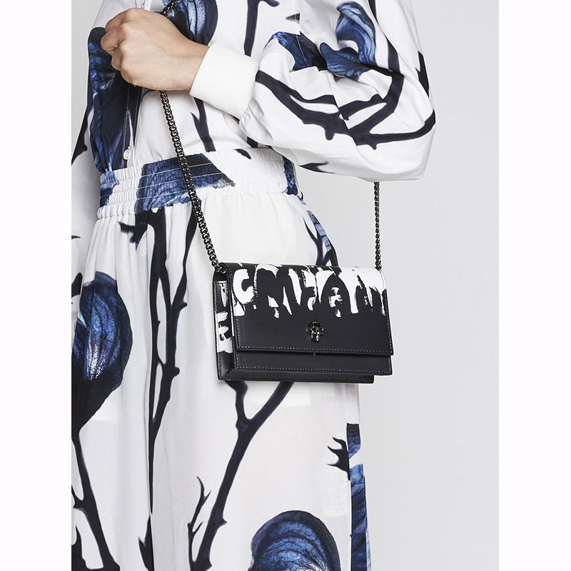 NEW $1290 ALEXANDER MCQUEEN Black WHITE GRAFFITI Leather SKULL Crossbody BAG NIB