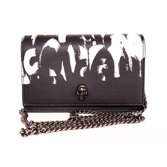 NEW $1290 ALEXANDER MCQUEEN Black WHITE GRAFFITI Leather SKULL Crossbody BAG NIB
