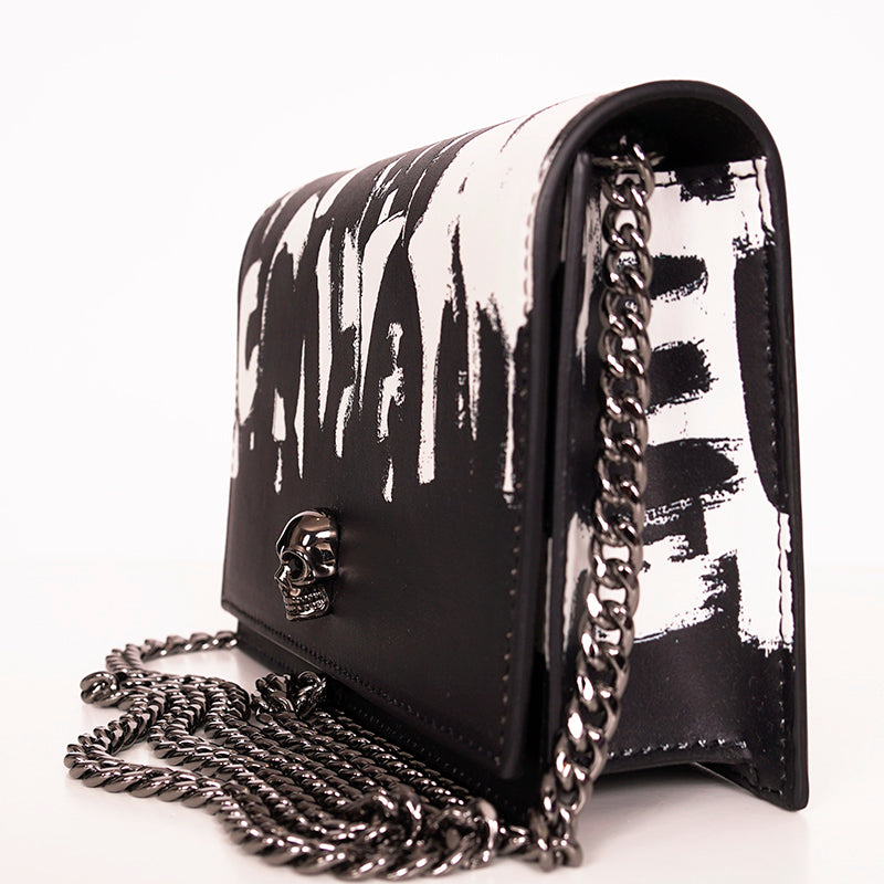 NEW $1290 ALEXANDER MCQUEEN Black WHITE GRAFFITI Leather SKULL Crossbody BAG NIB