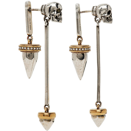 NEW $650 ALEXANDER MCQUEEN Silver Tone Brass SKULL STUD Drop Pendant EARRINGS