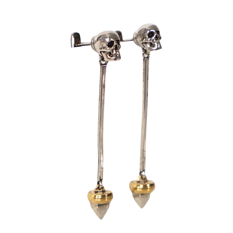 NEW $650 ALEXANDER MCQUEEN Silver Tone Brass SKULL STUD Drop Pendant EARRINGS