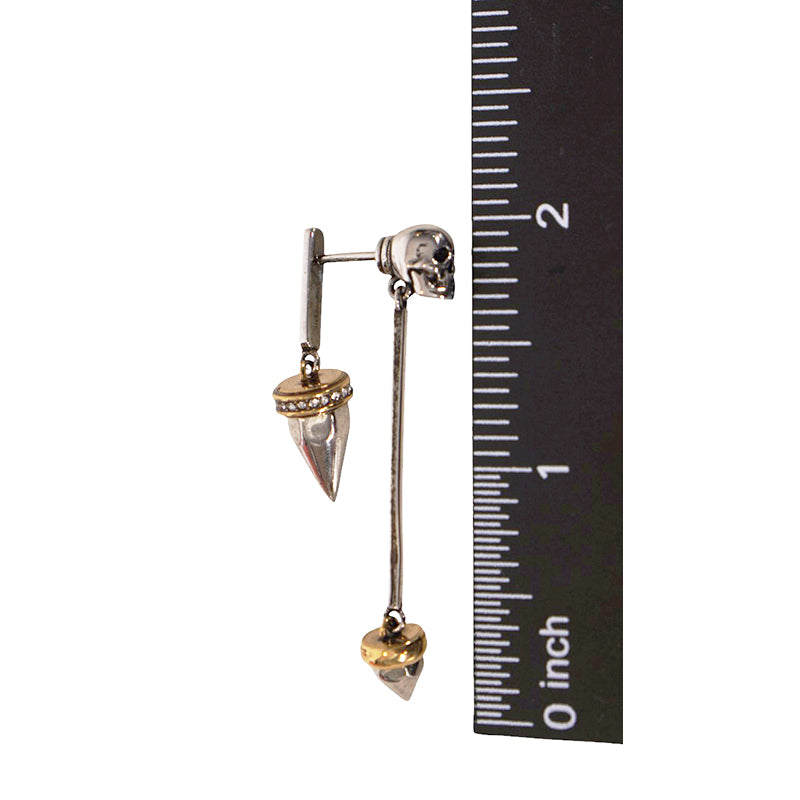 NEW $650 ALEXANDER MCQUEEN Silver Tone Brass SKULL STUD Drop Pendant EARRINGS