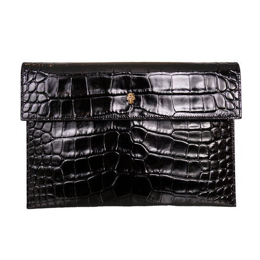 NEW ALEXANDER MCQUEEN Black Croc-Embossed Leather GOLD SKULL Envelope Clutch BAG