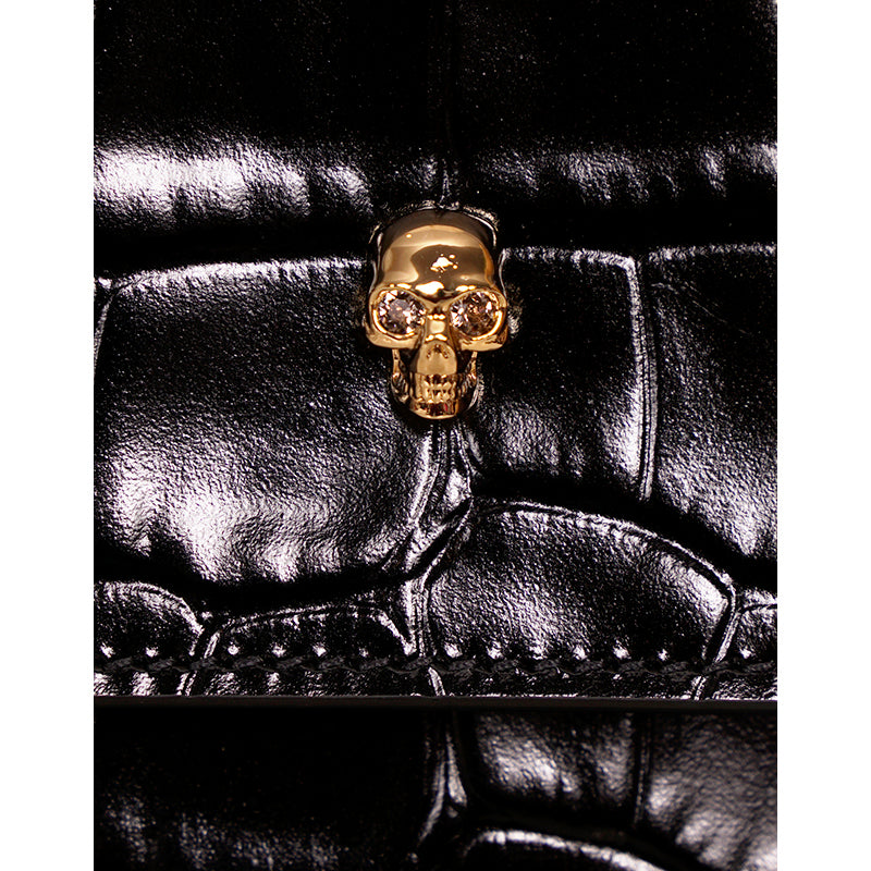 NEW ALEXANDER MCQUEEN Black Croc-Embossed Leather GOLD SKULL Envelope Clutch BAG