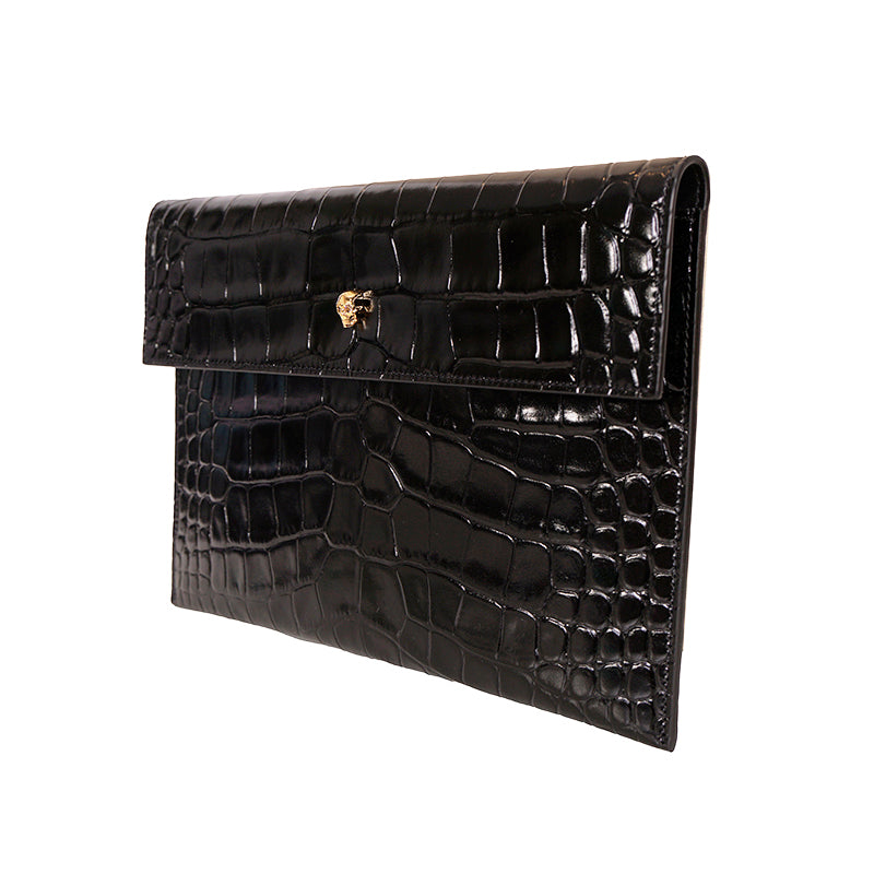 NEW ALEXANDER MCQUEEN Black Croc-Embossed Leather GOLD SKULL Envelope Clutch BAG