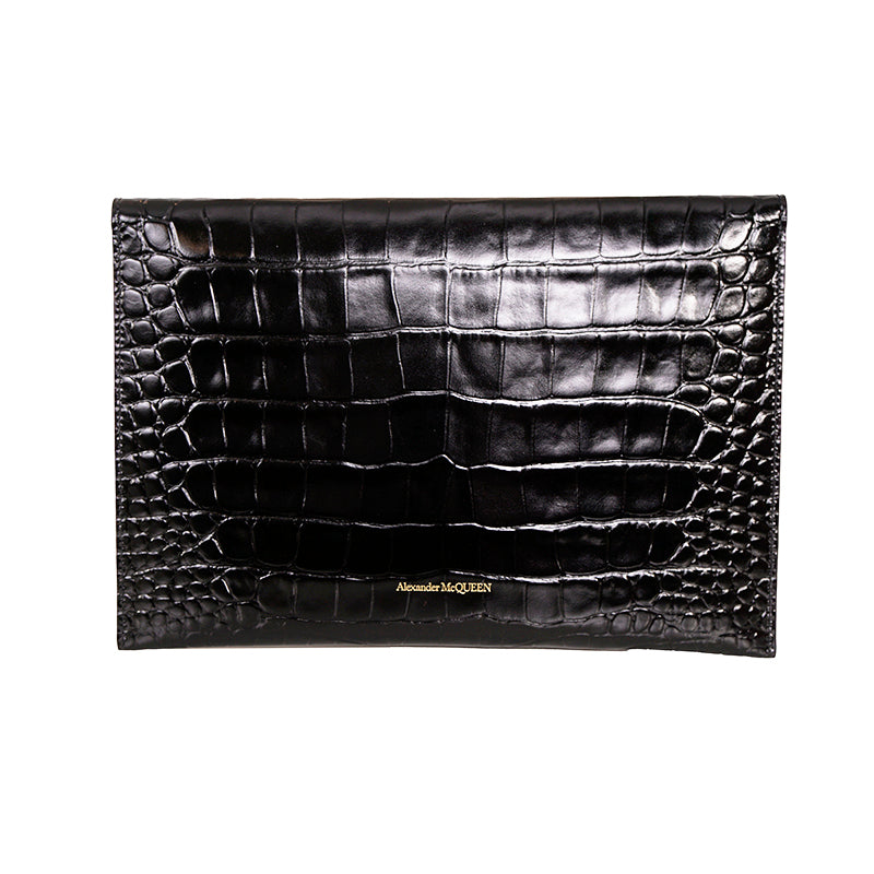 NEW ALEXANDER MCQUEEN Black Croc-Embossed Leather GOLD SKULL Envelope Clutch BAG
