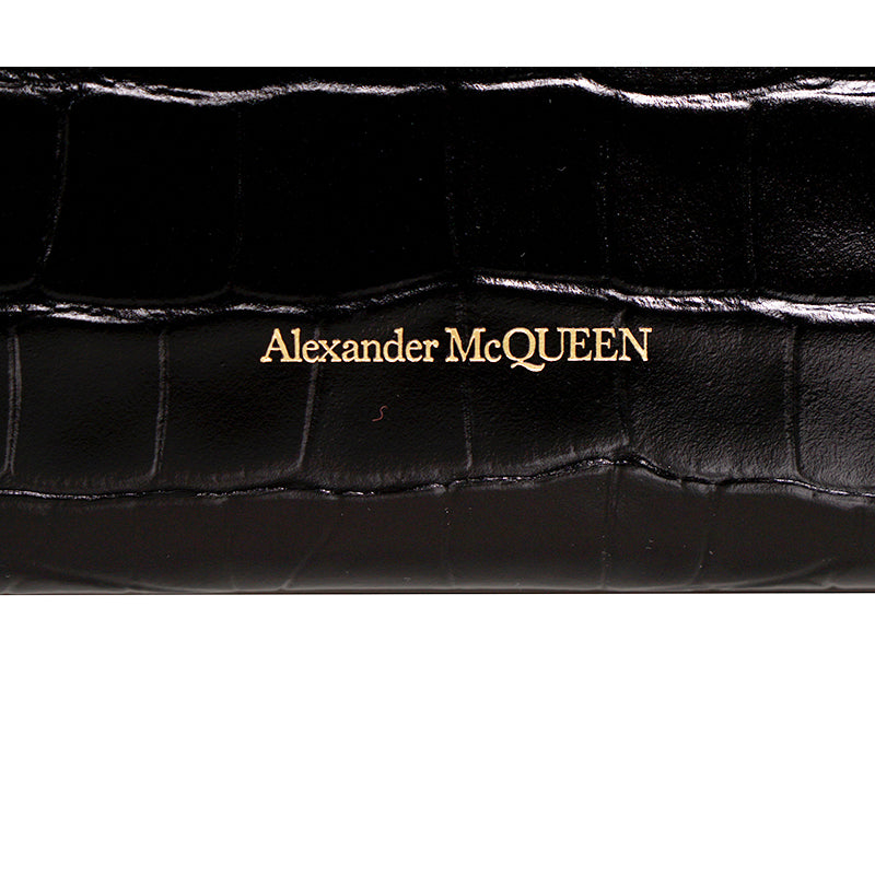 NEW ALEXANDER MCQUEEN Black Croc-Embossed Leather GOLD SKULL Envelope Clutch BAG