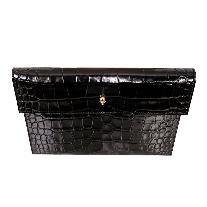 NEW ALEXANDER MCQUEEN Black Croc-Embossed Leather GOLD SKULL Envelope Clutch BAG