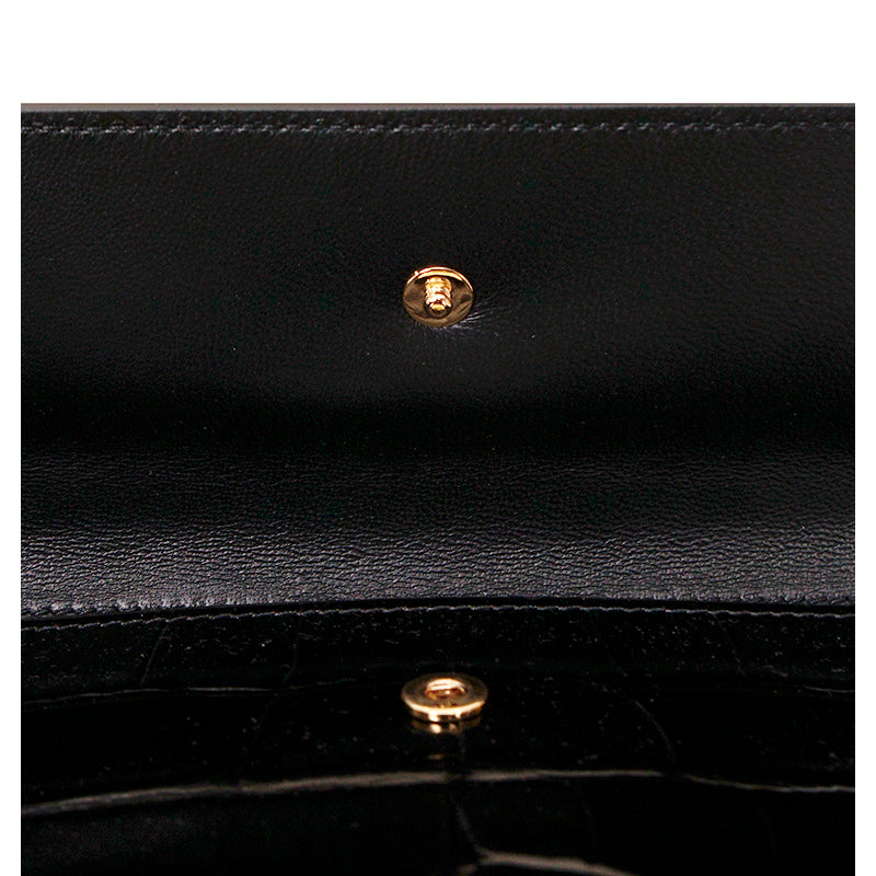NEW ALEXANDER MCQUEEN Black Croc-Embossed Leather GOLD SKULL Envelope Clutch BAG