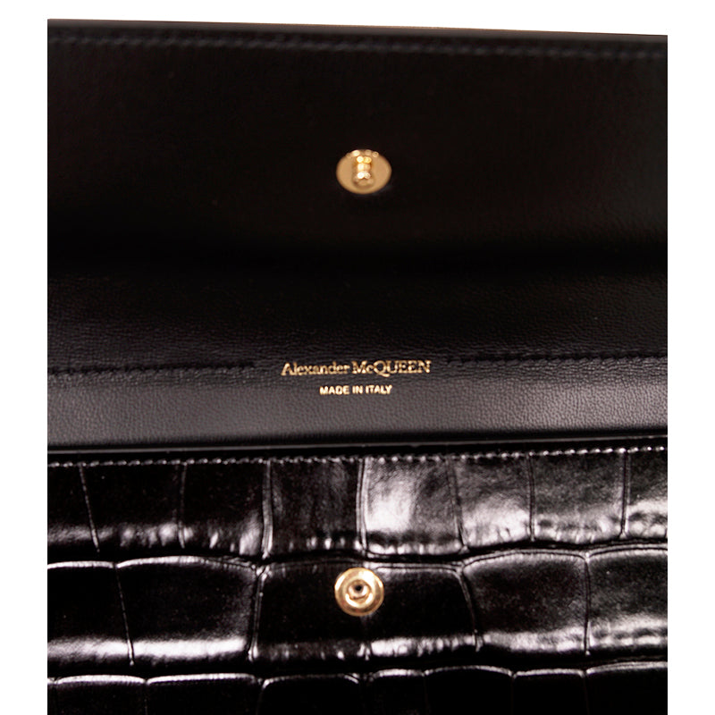 NEW ALEXANDER MCQUEEN Black Croc-Embossed Leather GOLD SKULL Envelope Clutch BAG