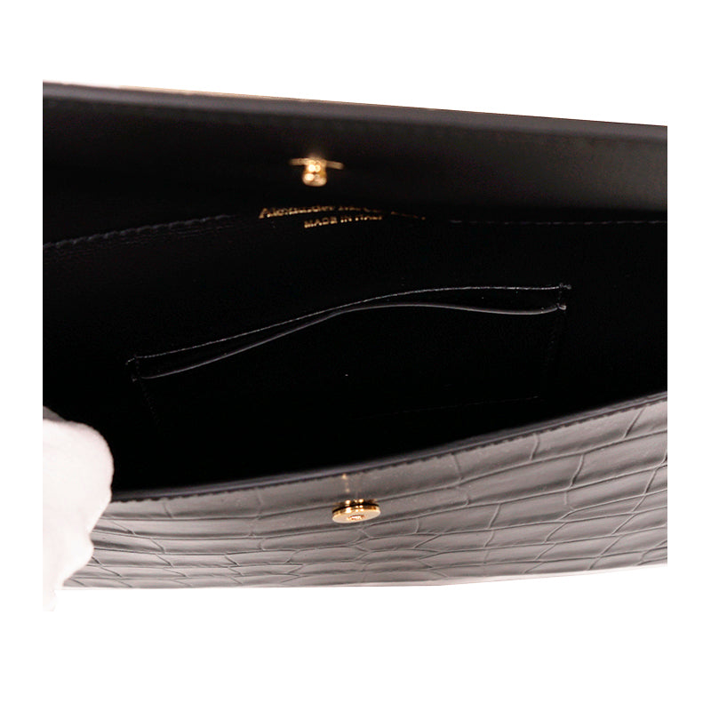 NEW ALEXANDER MCQUEEN Black Croc-Embossed Leather GOLD SKULL Envelope Clutch BAG