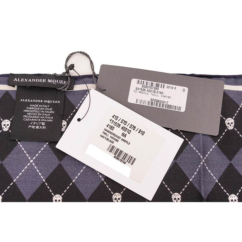 NEW $395 ALEXANDER MCQUEEN Blue ARGYLE SKULL PRINT 17" Handkerchief NECK SCARF