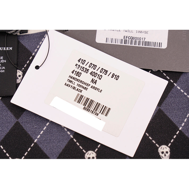 NEW $395 ALEXANDER MCQUEEN Blue ARGYLE SKULL PRINT 17" Handkerchief NECK SCARF