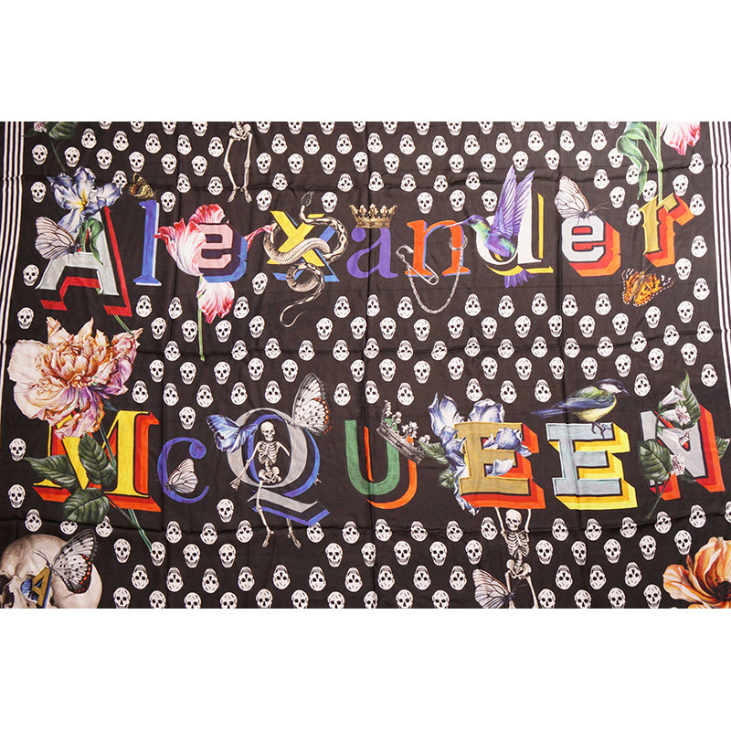 NEW $590 ALEXANDER MCQUEEN Black White BIKER SKULL FUN FONTS 100% Model SCARF