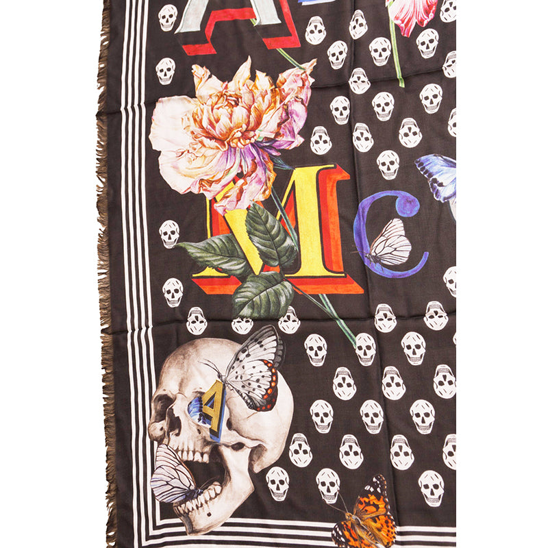 NEW $590 ALEXANDER MCQUEEN Black White BIKER SKULL FUN FONTS 100% Model SCARF