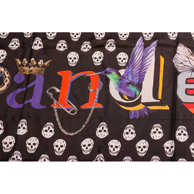 NEW $590 ALEXANDER MCQUEEN Black White BIKER SKULL FUN FONTS 100% Model SCARF